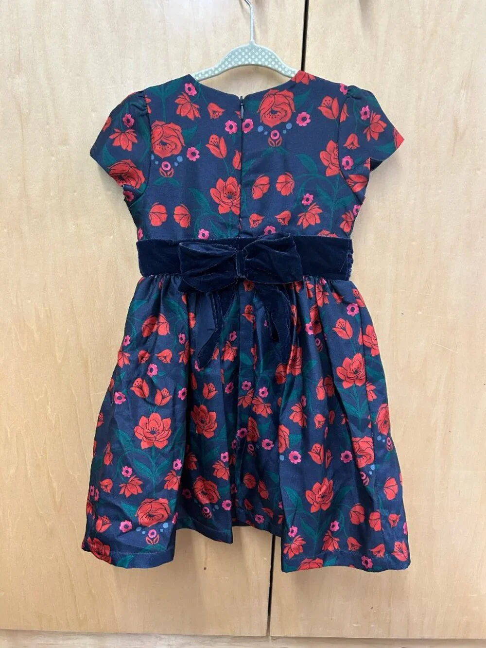 Gymboree Girls Navy and Red Floral Dress with Navy Velvet Belt Size 4